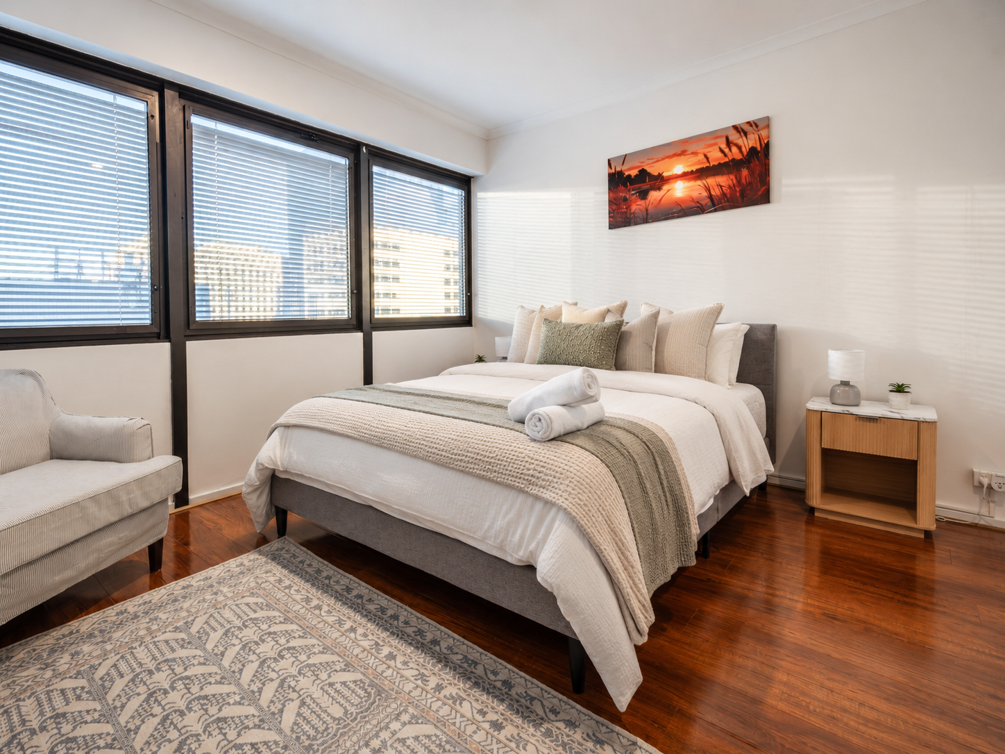 Master bedroom of Relaxation at Rundle Mall, a Luxe-managed short-term rental in Adelaide CBD, Adelaide