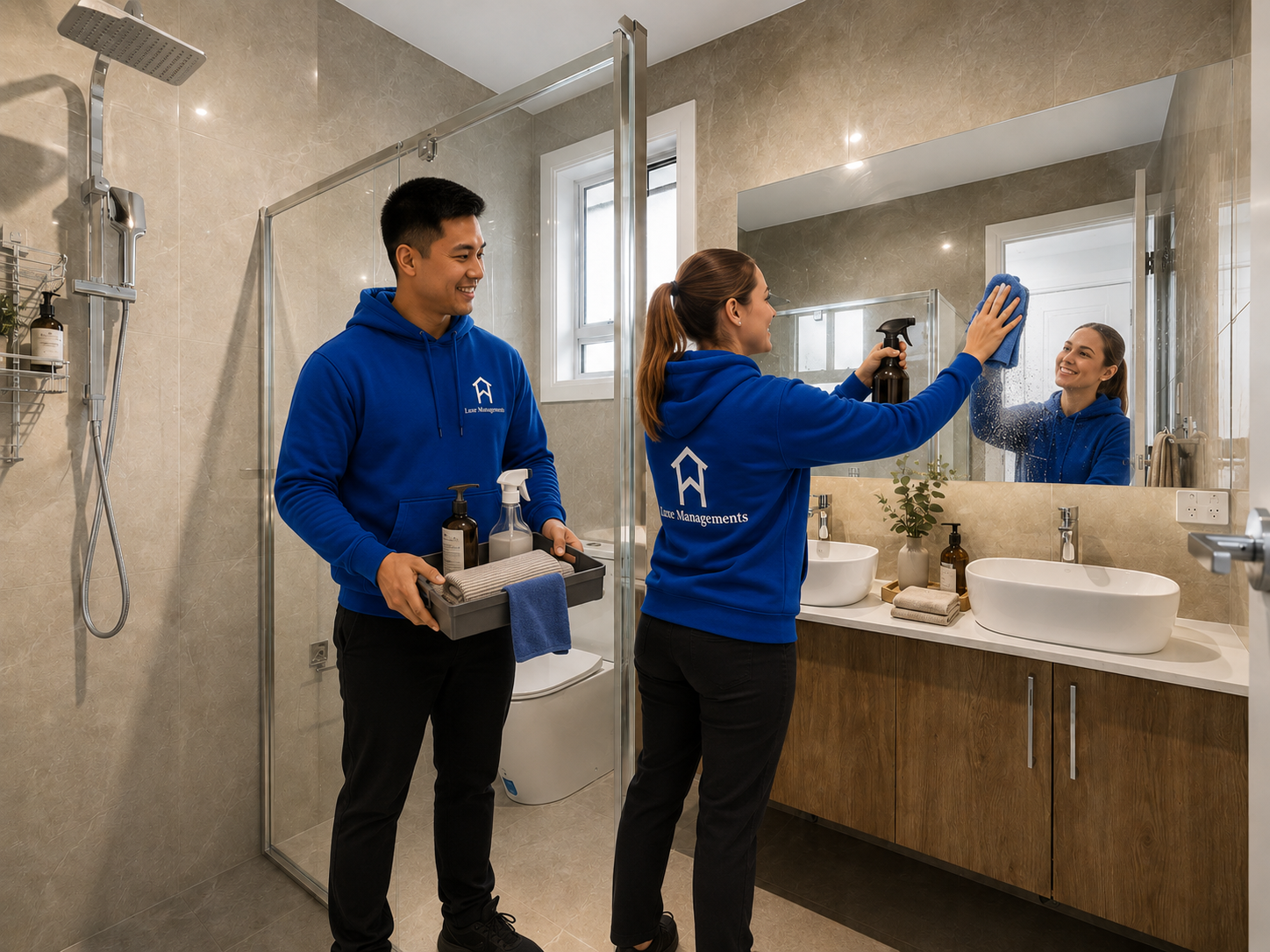 Luxe Managements in-house cleaning team detailing a guest bathroom between Adelaide short-stay turnovers