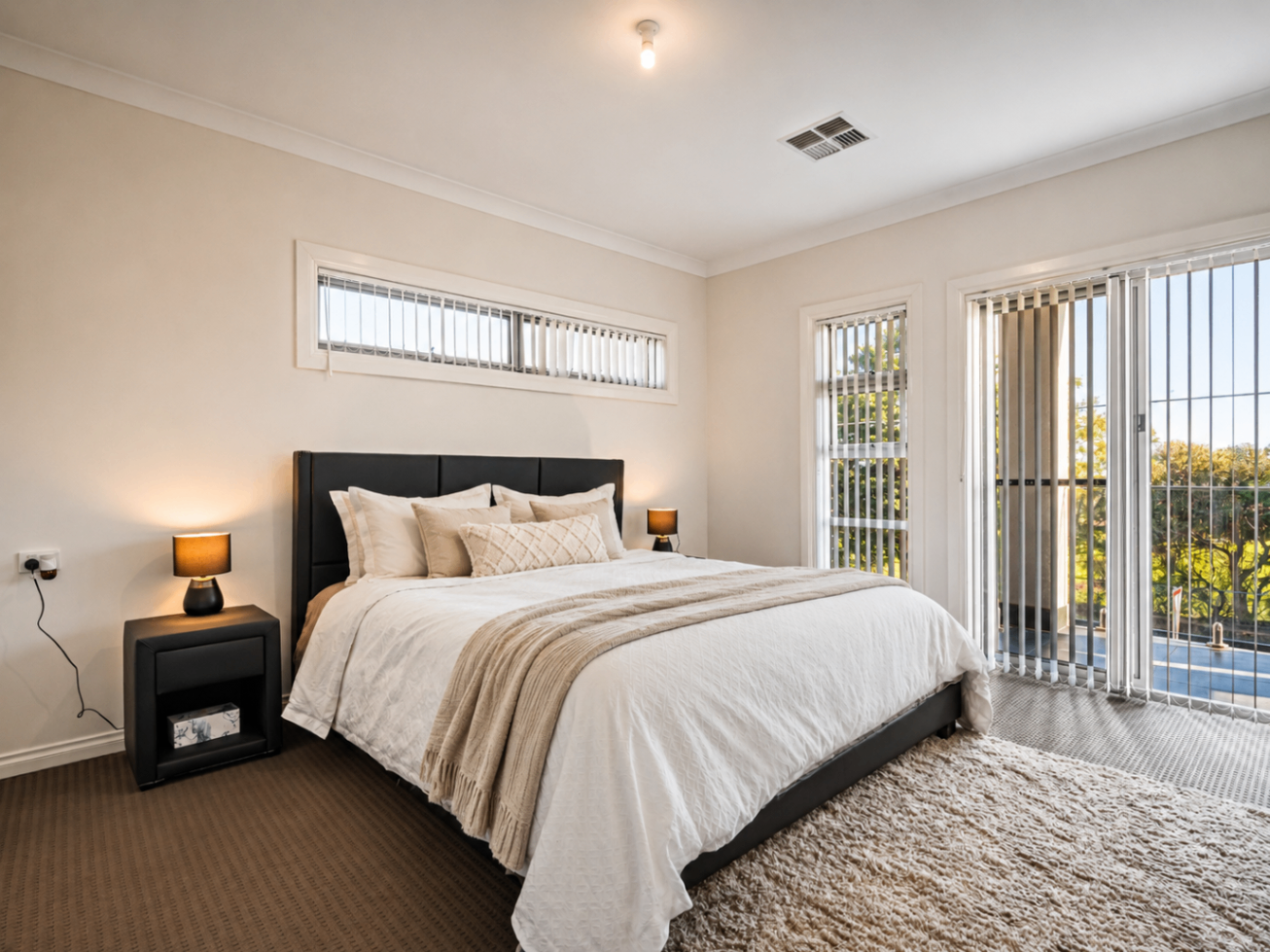 Master bedroom of Comfort at Clearview, a Luxe-managed short-term rental in Clearview, Adelaide