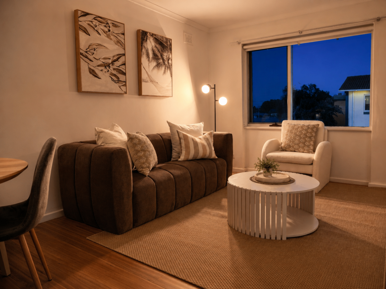 Renovated open-plan living area of Getaway at Glenelg, a Luxe-managed short-term rental in Glenelg, Adelaide