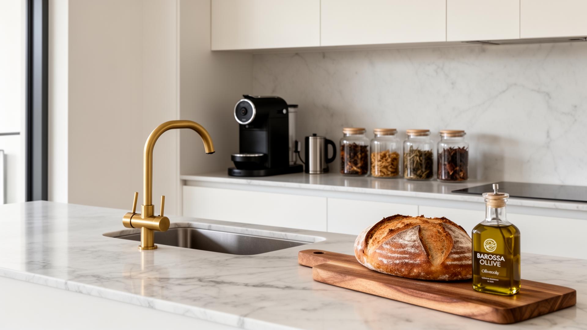 Marble kitchen bench with coffee machine and glass jars