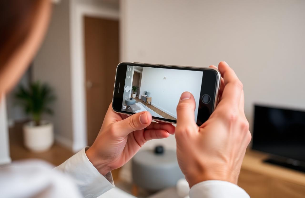 Claims specialist documenting a small wall scuff with a smartphone camera inside a rental property