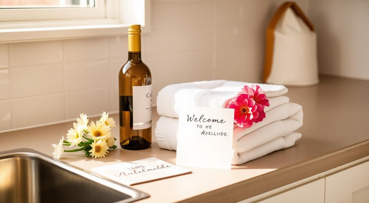 Welcome setup on a kitchen bench: folded white towels, a bottle of local wine, fresh flowers and a handwritten welcome card
