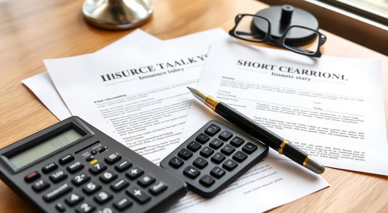 Short-stay insurance policy documents, fountain pen, calculator and reading glasses laid out on a desk