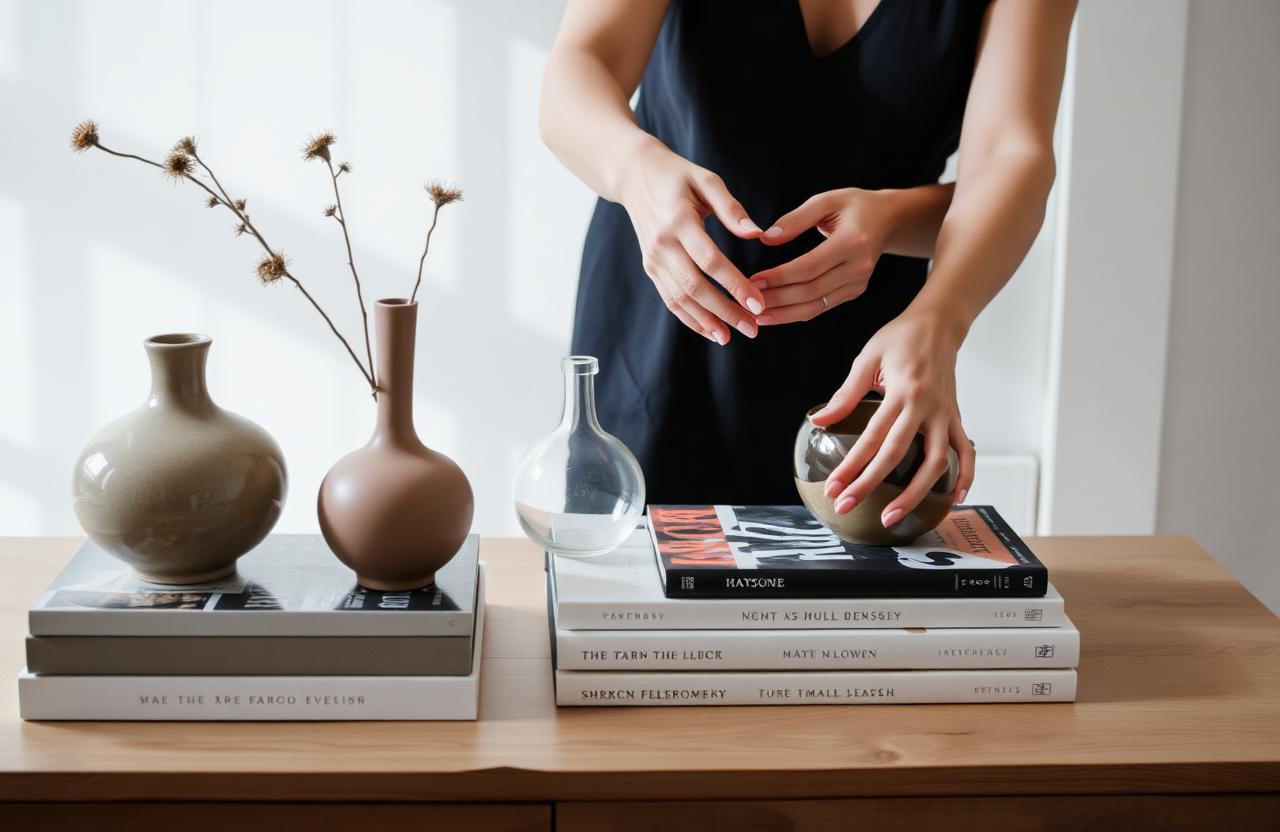 Interior stylist's hands arranging ceramic vases and art books on a styled console table