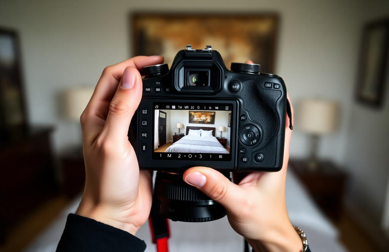 Photographer's hands holding a DSLR camera with a styled bedroom interior on the rear screen