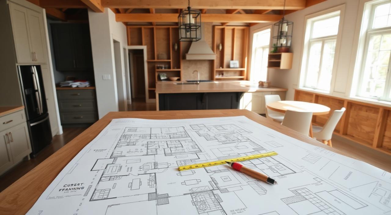 Architectural floor plans, tape measure and pencil spread across a kitchen island in a home mid-renovation