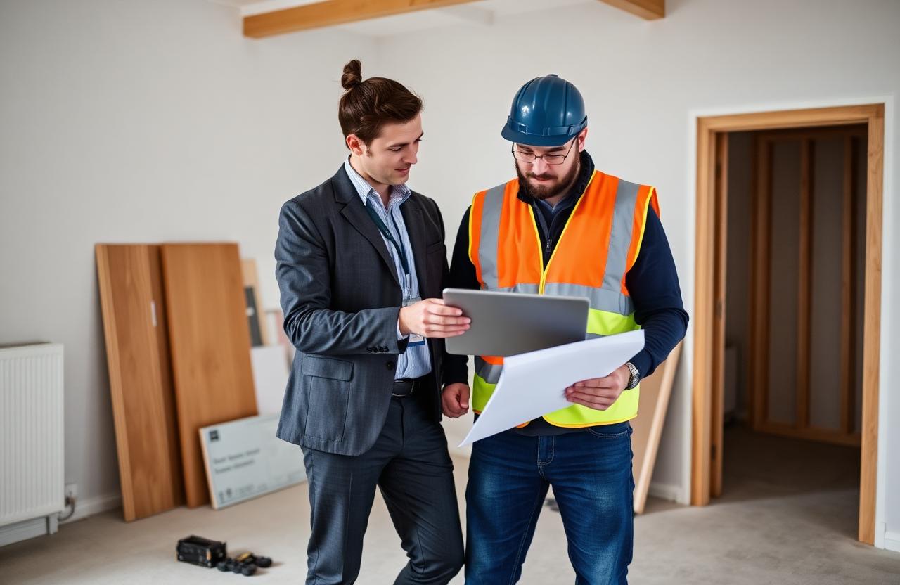 Consultant and tradesperson in a hi-vis vest reviewing renovation plans on a tablet on site